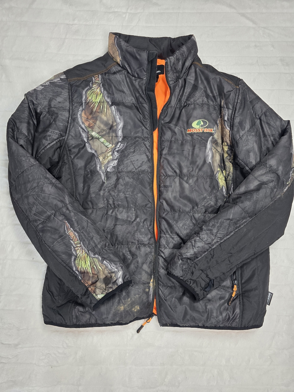 Mossy Oak Men's Black Camo Puffer Jacket with Orange Lining XL Thinsulate